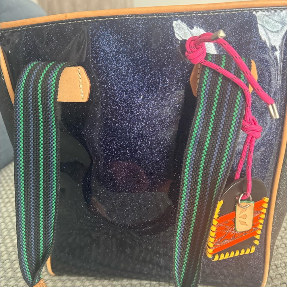 Consuela Navy and Tan Tote with Green Straps
